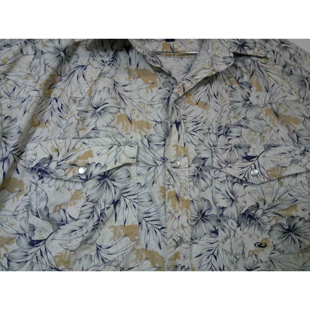 Roper Pearl Snap Shirt Mens‎ Medium Cream Blue Floral Hibiscus Western Rodeo - Picture 7 of 11